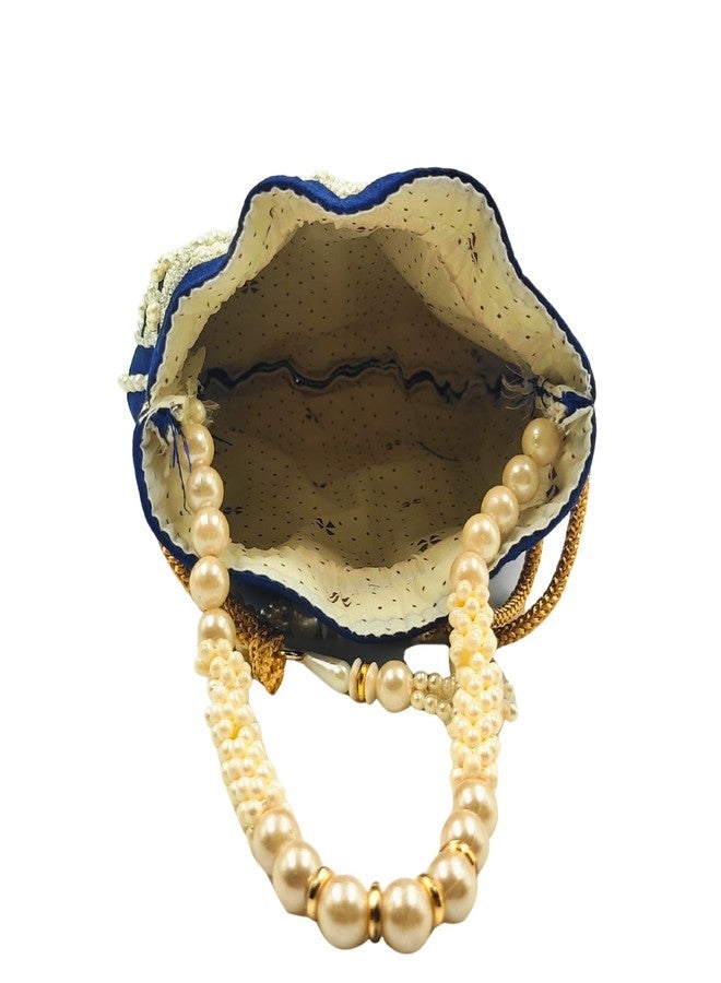 exotique Blue Embroidered Potli Bag for Women | Designer Silk Potli with Pearl Bead Handle & Tassels | Bridal, Wedding & Festive Pouch | HW0020BL - Image 5